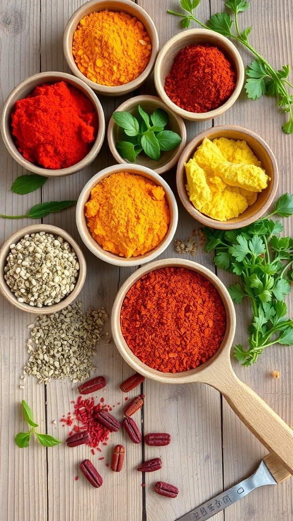 Creative Seasoning Ideas for Flavorful Dishes Colorful spices and herbs in bowls on a wooden table, showcasing various seasoning blends.